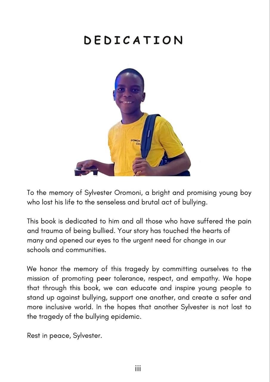 Dedication page from the Save Sylvester booklet, in memory of Sylvester Oromoni